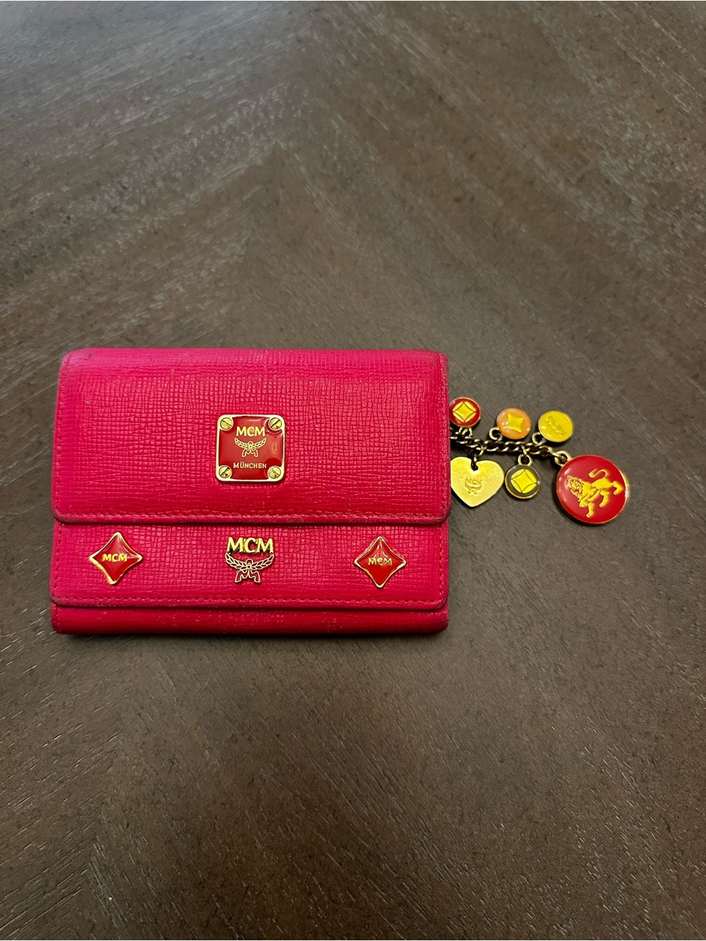 MCM Hot Pink Trifold Leather Wallet w/ Gold Charm Accents